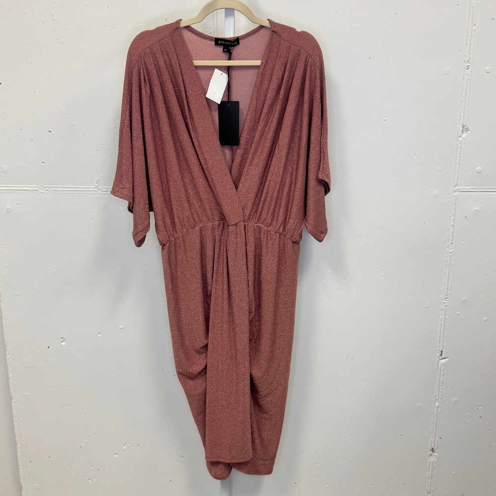NWT Gibsonlook Rose Gold Metallic Knit V-Neck Dolman Sleeve Midi Dress Stretch